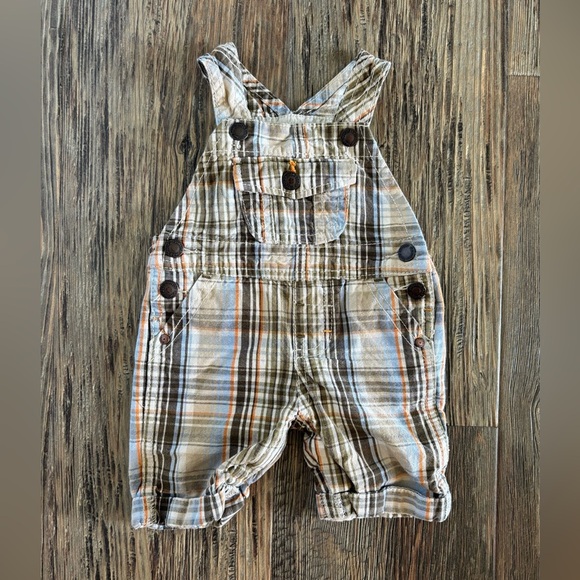 Genuine Baby OshKosh B’gosh Cotton Plaid Shortalls Short Overalls Newborn Tan - Picture 1 of 4